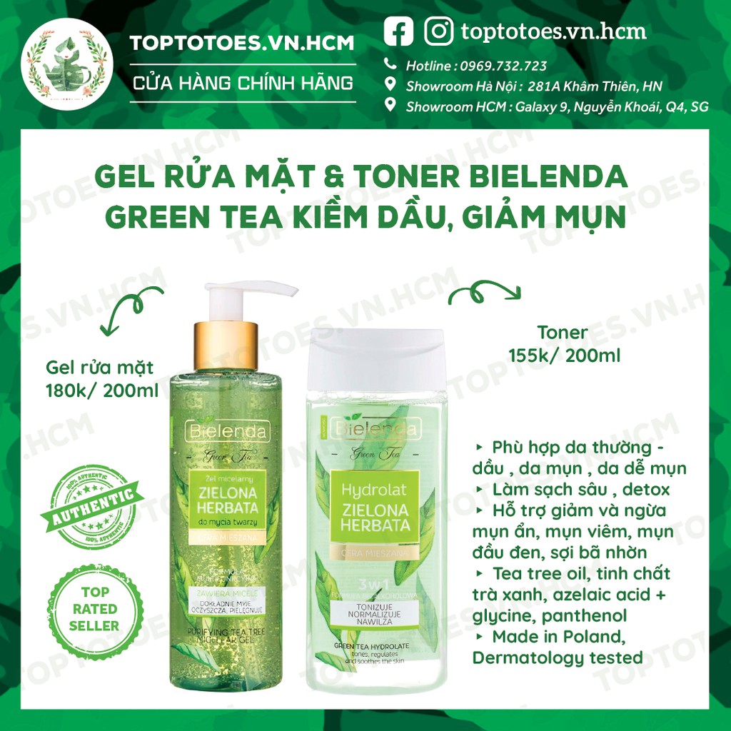 Gel rửa mặt & Toner Bielenda Green Tea làm sạch sâu, kiềm dầu, giảm mụn