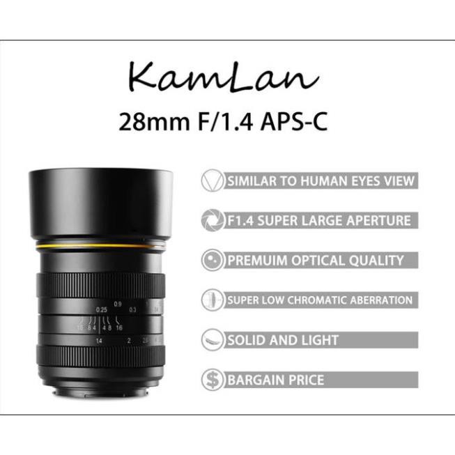 (CÓ SẴN) Ống kính Kamlan 28mm F1.4 dùng được cho các ngàm Sony E, M4/3, Fujifilm, Canon EOS M