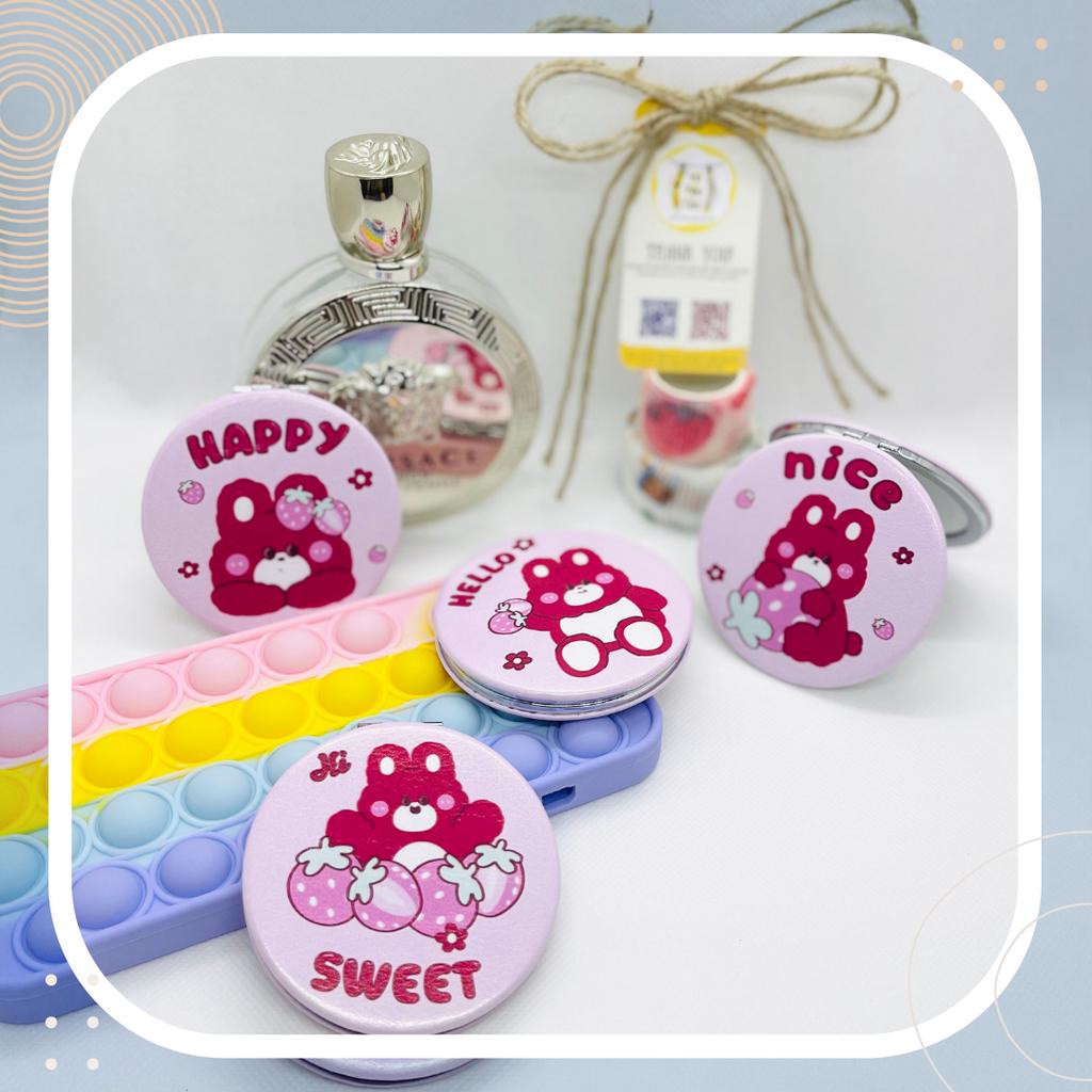 GƯƠNG MINI 2 MẶT DA PU GẤP GỌN HÌNH GẤU DÂU HỒNG LOTSO