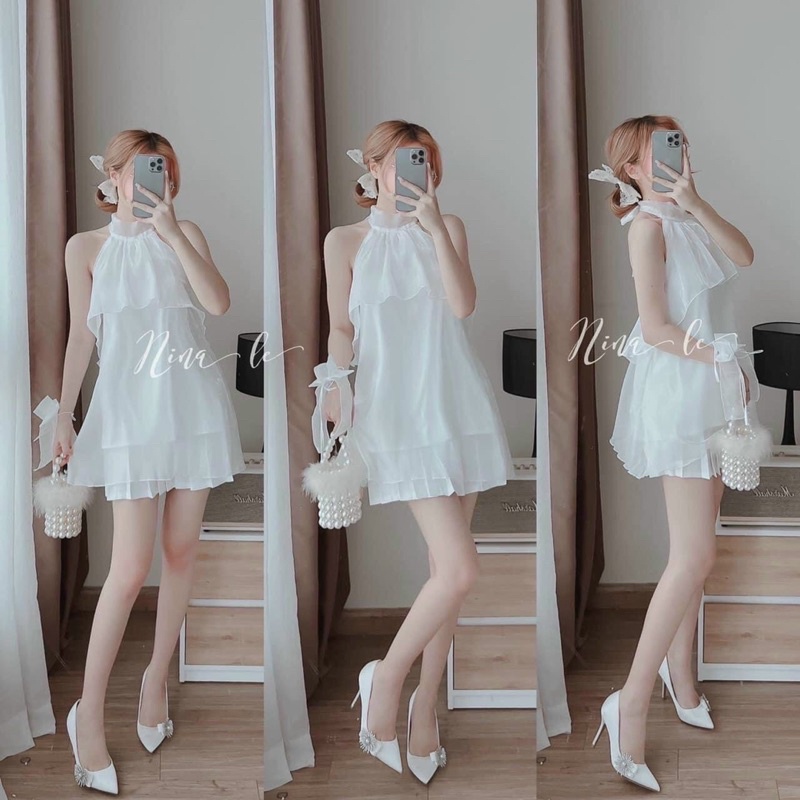 Set Áo Trắng Cổ Yếm Nơ Lưng + Chân Váy Trắng Xếp Ly (Kèm Cột Tóc)| Dành Cho các Nàng Thơ Bánh Tiểu Thư| Freesize Dưới 55