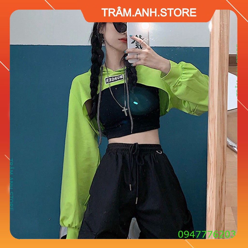 SET 2 MÓN ÁO HOODIE CROPTOP BURGER Cut out Xanh neon Xám Đen + Áo Tanktop Đen ULZZANG 👗 👑
