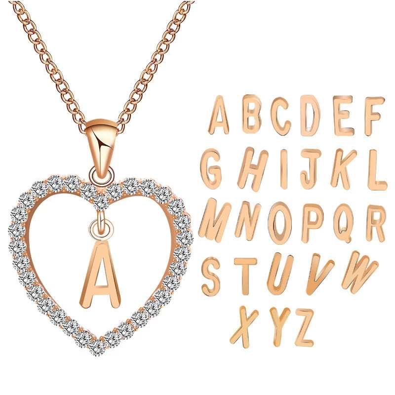 Vòng cổ hình trái tim có 26 loại chữ cái viết tắt tên cho nữ bằng Zircon đính kim cương giả màu vàng