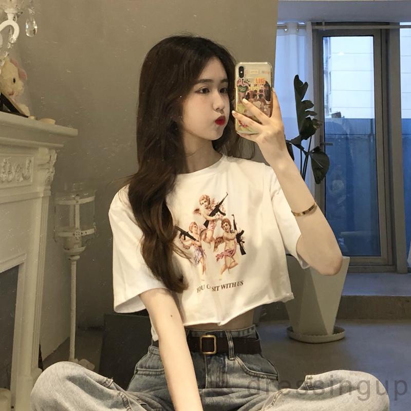 Áo thun hở bụng tay ngắn cổ tròn thời trang đơn giản in hình thiên thần và chữ cái dành cho bạn nữ | BigBuy360 - bigbuy360.vn