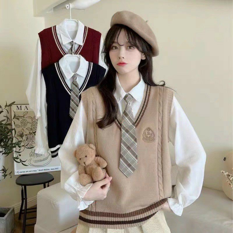 Bingshop Áo len gile nữ cổ tim phối viền thêu họa tiết vải len dệt kim cao cấp nhiều màu