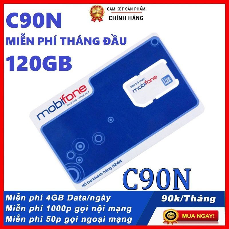 Sim 4G Mobi C90N 120 GB/tháng + 1000 phút gọi nội mạng + 50 phút liên mạng