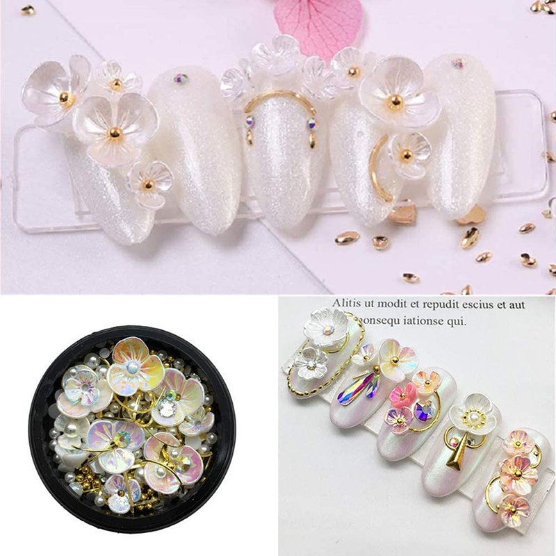 [Hàng mới về] Phụ kiện hỗn hợp hình hoa/ hạt kim cương &amp; ngọc trai giả nhựa resin trang trí móng nghệ thuật với 6 loại
