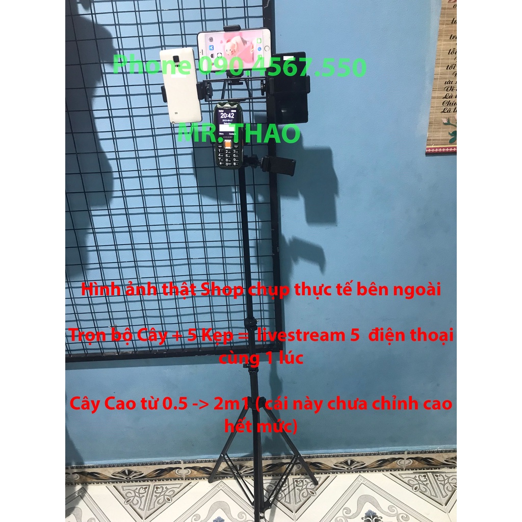 Bộ Cây Tripod + 5 Kẹp điện thoại + 5 Càng xoay 360 độ , Gậy chụp ảnh 3 chân, Cây livestream quay video, dựng phim