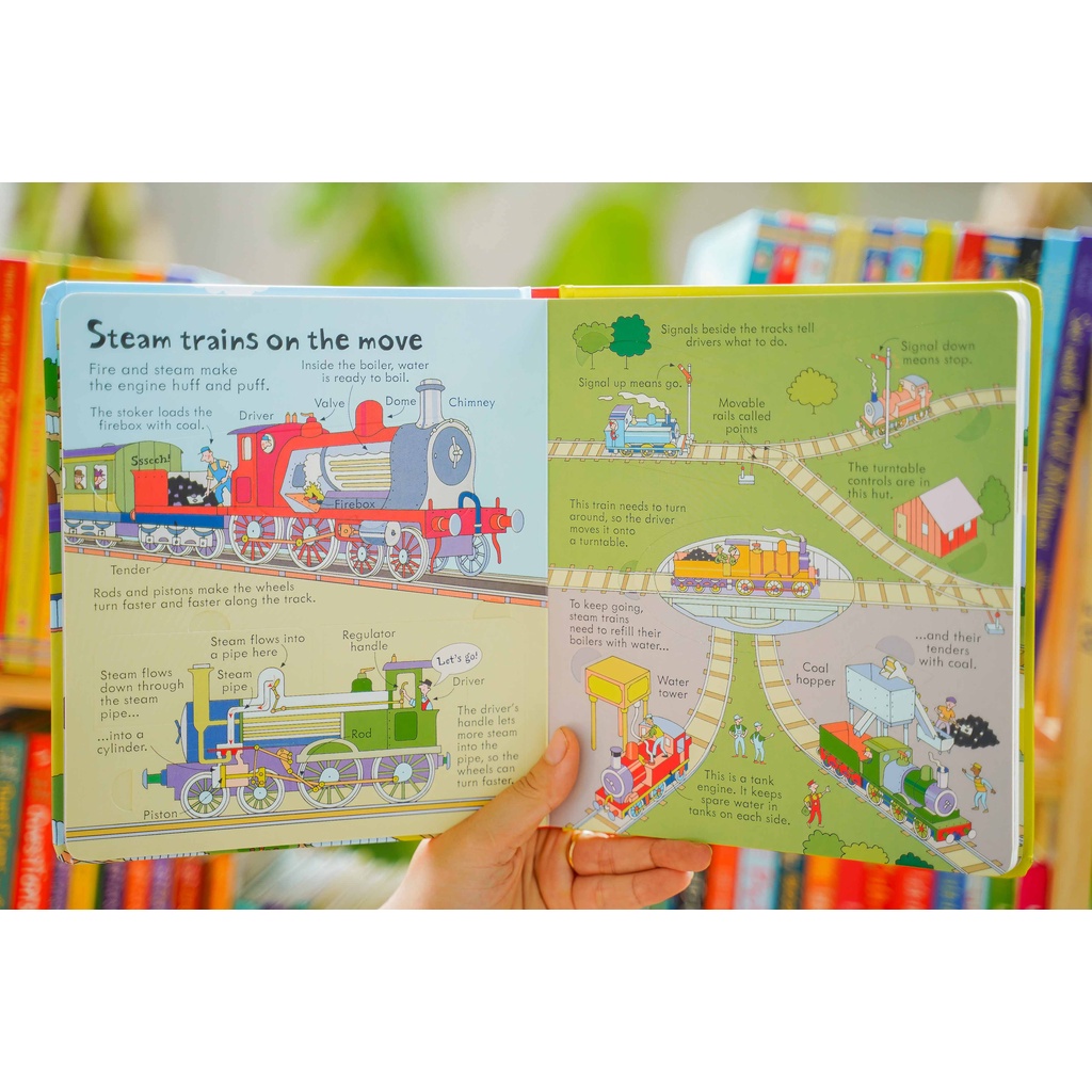 Sách Usborne - Look Inside Trains - lật mở khám phá phương tiện giao thông tàu hỏa