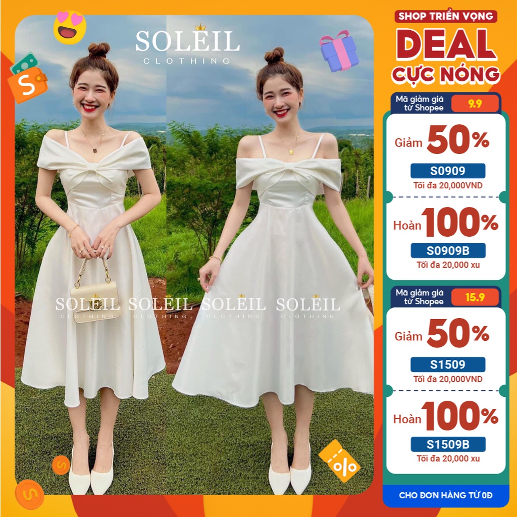 Váy Trắng Dự Tiệc Thiết Kế 2 Dây Dáng Xòe Nơ Trễ Vai Chất Liệu TAFTA Cao Cấp Chuẩn Loại 1