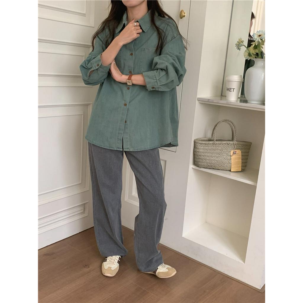 Áo Sơ Mi denim Tay Dài Cổ Bẻ Phong Cách retro 68199