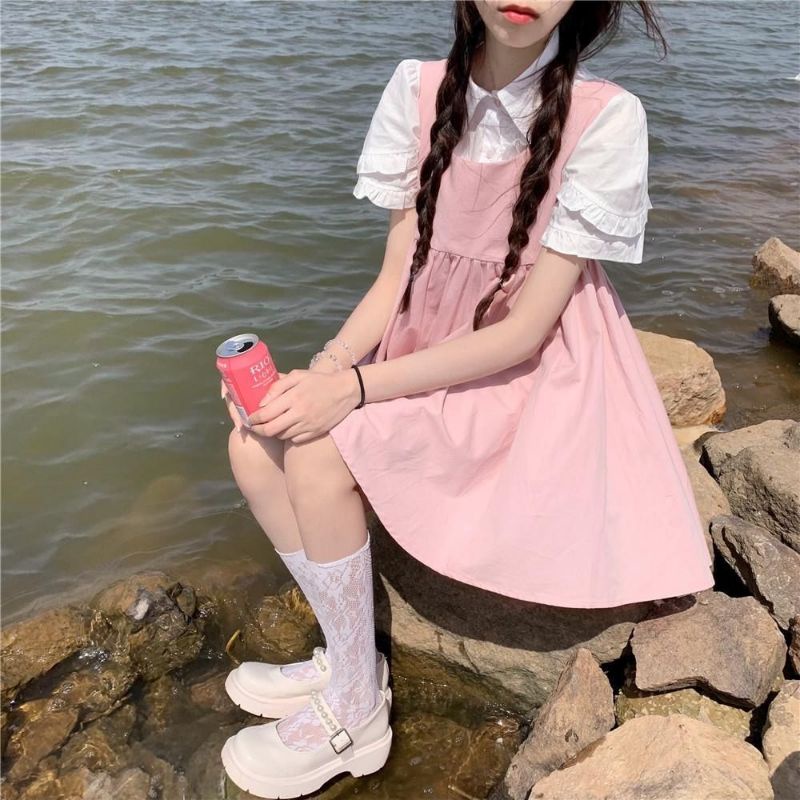 Đầm lưng cao kèm áo sơ mi cánh hoa 100% ảnh thật