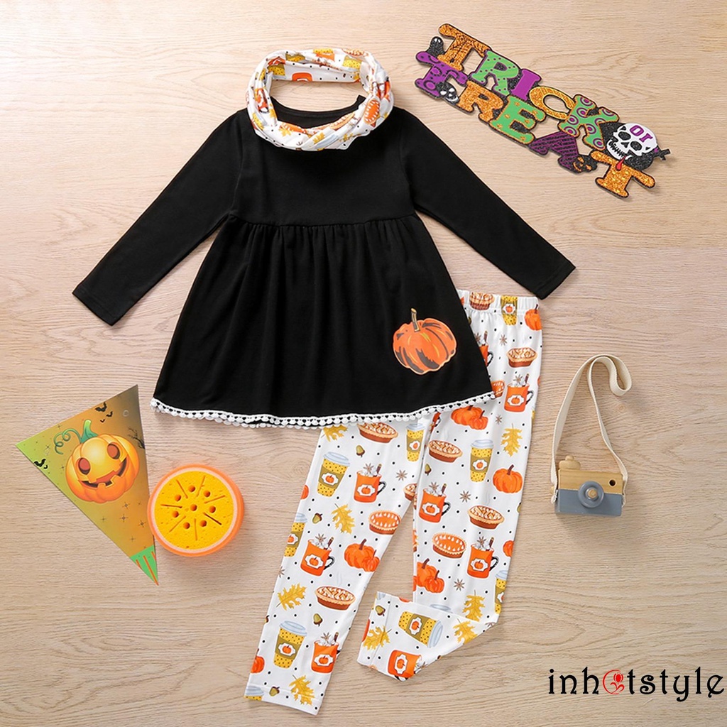 Bộ Đồ Hóa Trang Halloween Gồm Áo Cổ Tròn Màu Đen + Quần Dài + Mũ In Họa Tiết Bí Ngô Cho Bé Gái