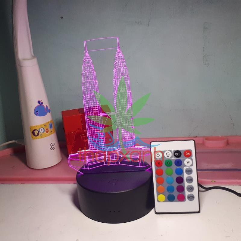 Đèn ngủ, Đèn trang trí Led 3D, Đèn ngủ 16 màu mini có điều khiển Tòa Tháp Đôi
