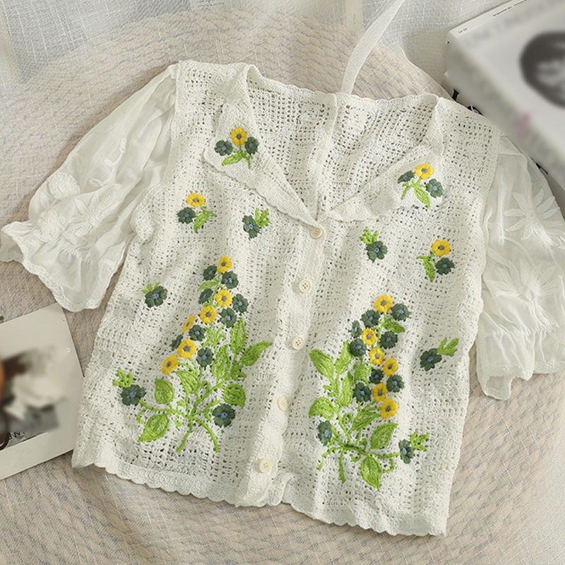 Áo Croptop Dệt Kim Tay Ngắn Cổ Chữ V Thêu Họa Tiết Hoa Thời Trang Cho Nữ