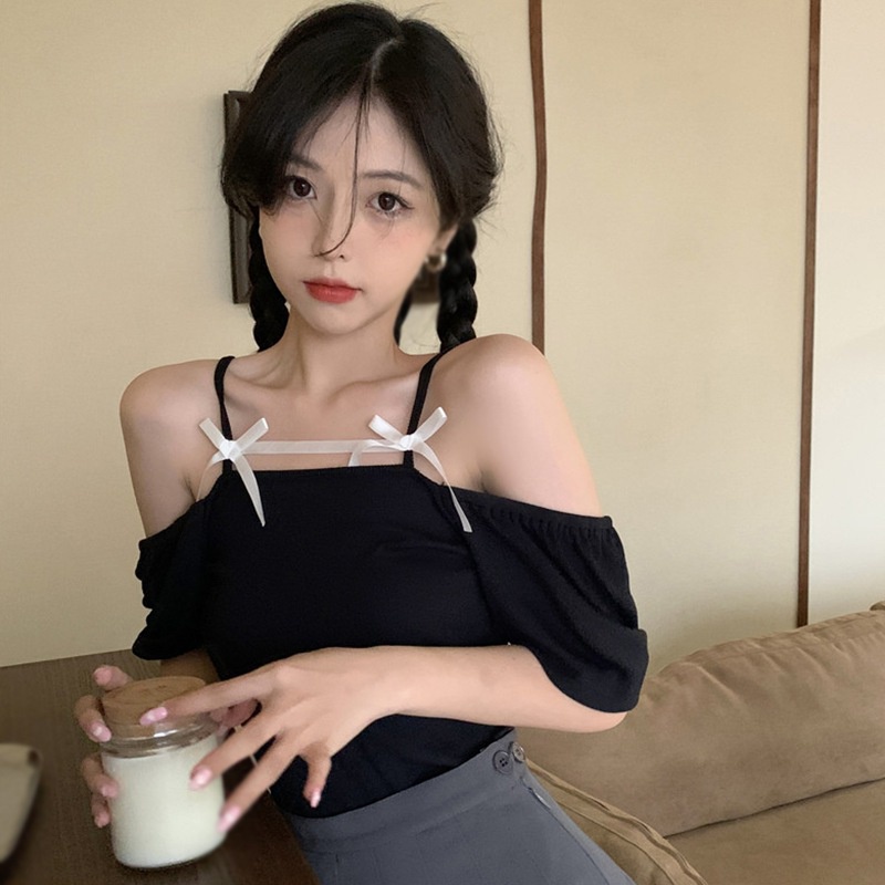 Áo Thun Tay Ngắn Phồng Cổ Vuông Đính Nơ Thời Trang Cho Nữ