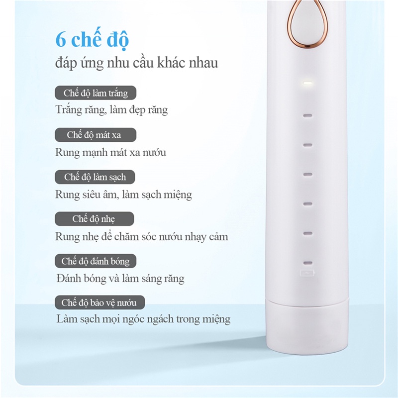 Bàn chải đánh răng điện làm trắng siêu âm sáu mảnh với 5 đầu bàn chải- tặng kèm 1 đầu rửa mặt