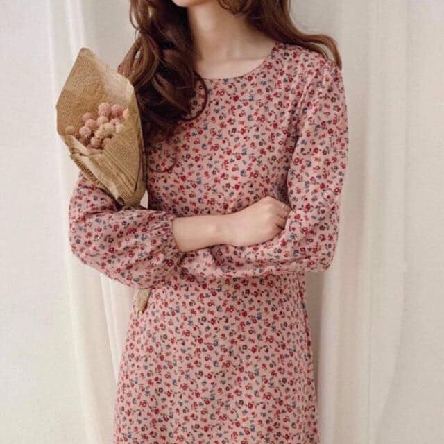 Váy - Đầm hoa nhí cổ tròn dài tay dáng suông ulzzang