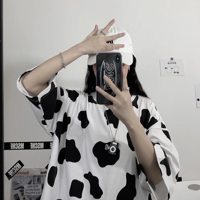 Áo Thun Cotton Hình Bò Sữa Ngắn Tay Siêu Hot 2021 - Áo Phông Nam Nữ Unisex Loang Đen Trắng
