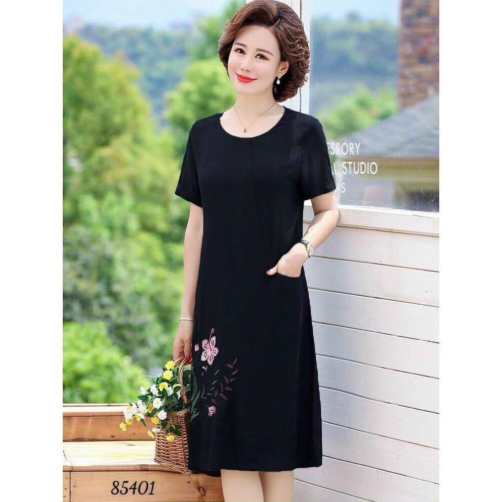 M/L/XL/2XL/3XL Đầm trung niên vải đũi thêu hoa nhiều màu có size đại màu đỏ, xanh , đen quảng châu