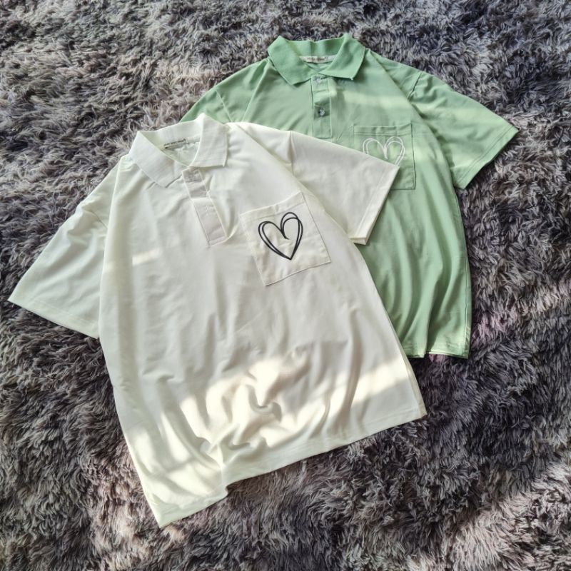 Áo thun Polo tay lỡ SAM CLO có cổ form rộng phông freesize dáng unisex mặc cặp, nhóm, lớp, đi học in hình TRÁI TIM