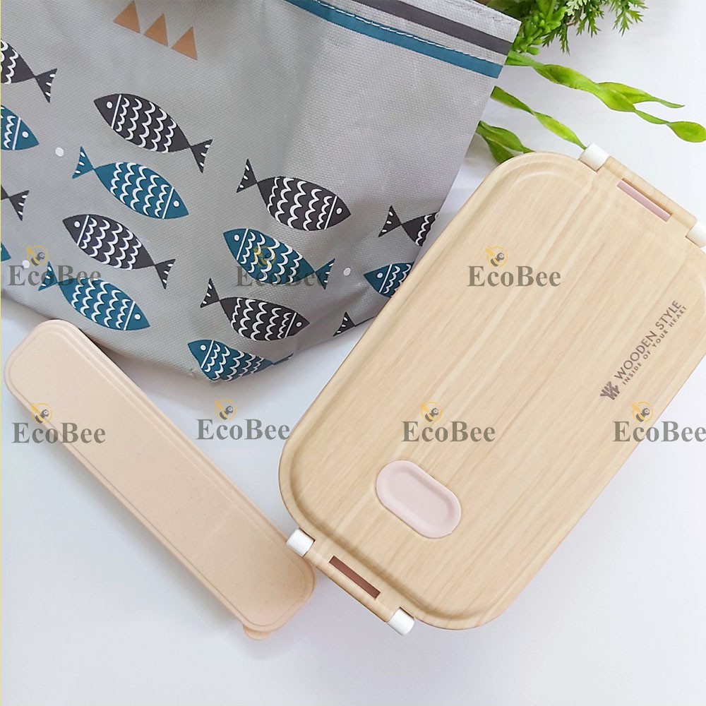 Hộp Cơm Giữ Nhiệt 2 tầng Wooden Style , Tặng kèm túi xách, đũa và thìa - Ecobee