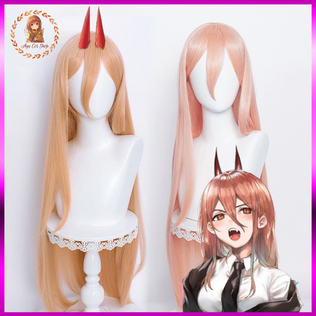 Wig/tóc giả cosplay Power Chainsaw Man màu hồng cam 100cm