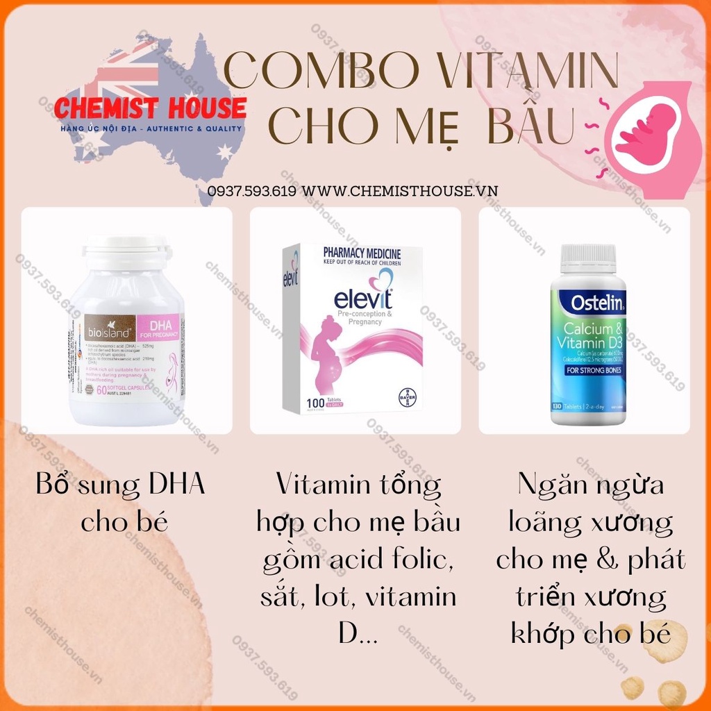 Combo Vitamin Cho Mẹ Bầu Chuẩn Úc - Elevit bầu tổng hợp 100V + DHA bầu 60V + Canxi Ostelin 130V + Sắt 30V