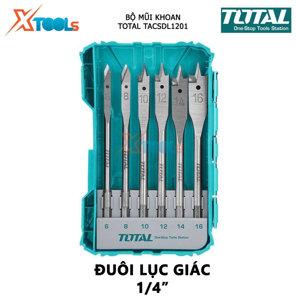 Bộ 12 mũi khoan gỗ đầu dẹp TOTAL TACSDL1201 bộ 12 mũi khoét gỗ đuôi cá Đuôi lục giác 1/4 &quot;, Chiều dài 152mm, Size 6,8,10