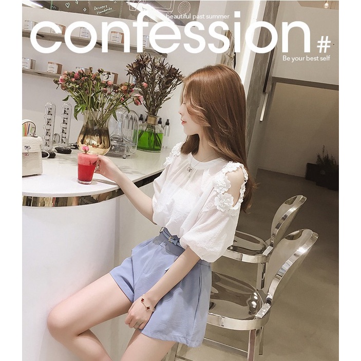 Áo kiểu nữ khoét vai, Áo xuyên thấu tay lỡ mỏng sexy phong cách Hàn Quốc