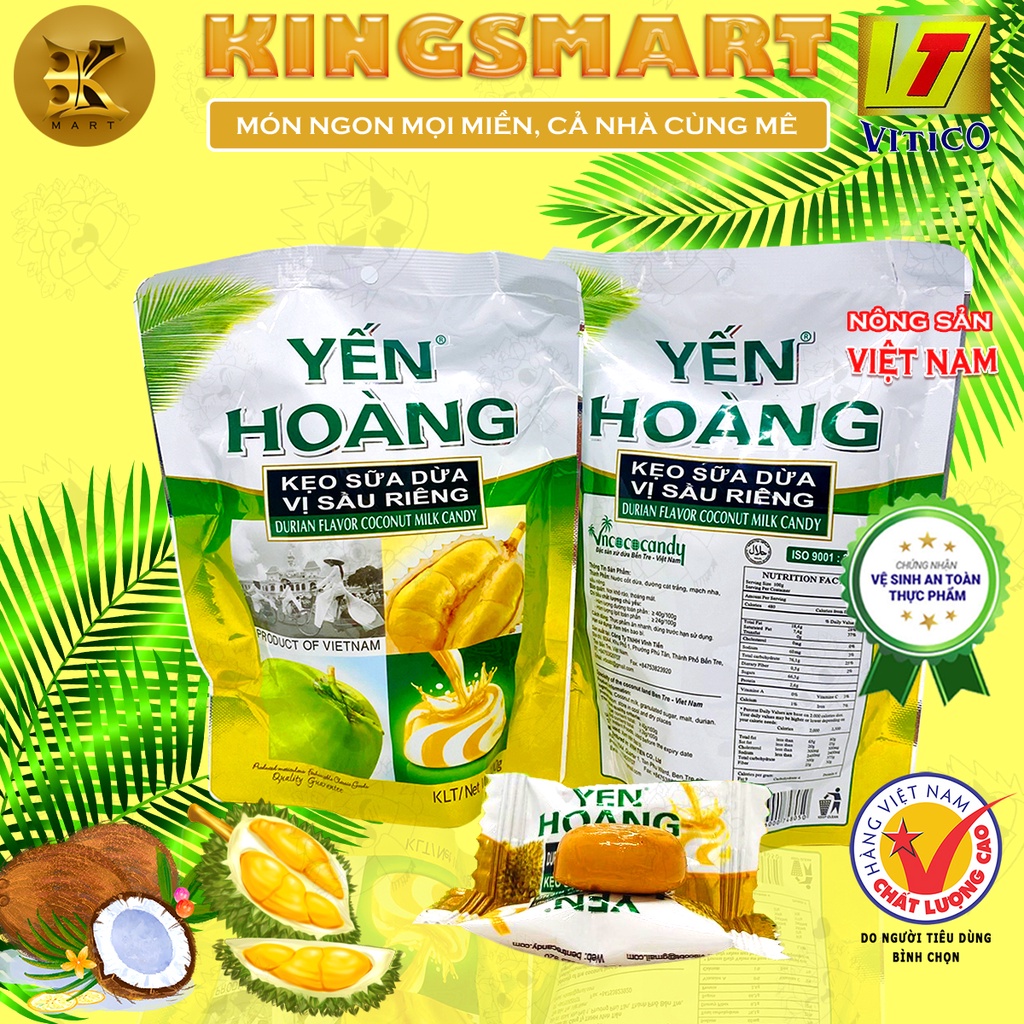 Kẹo Dừa Giòn 100G YẾN HOÀNG đủ các vị: sữa dừa, sầu riêng, café, gừng, ăn không dính răng (Sản xuất bởi Cty VĨNH TIẾN)