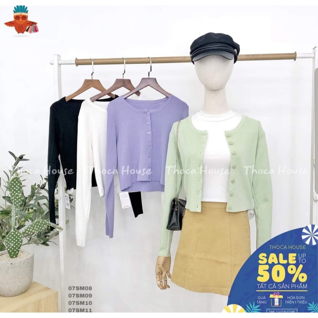 VẢI LEN DỆT KIM Áo khoác len cardigan / áo len tay dài cài nút croptop màu trơn