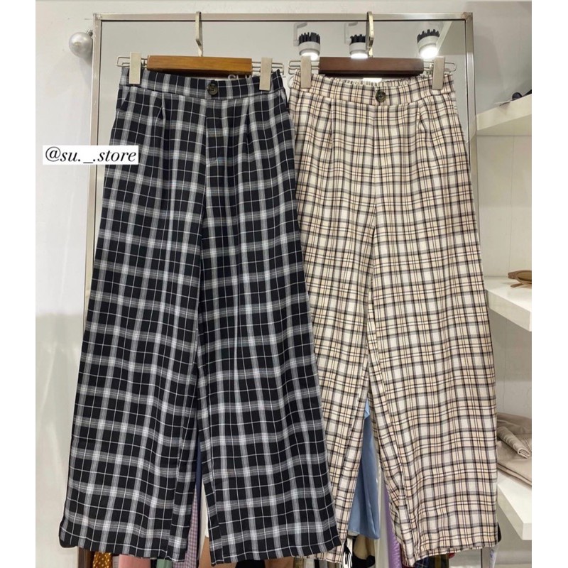 Quần kẻ ống xuông nút giữa - hàng QC