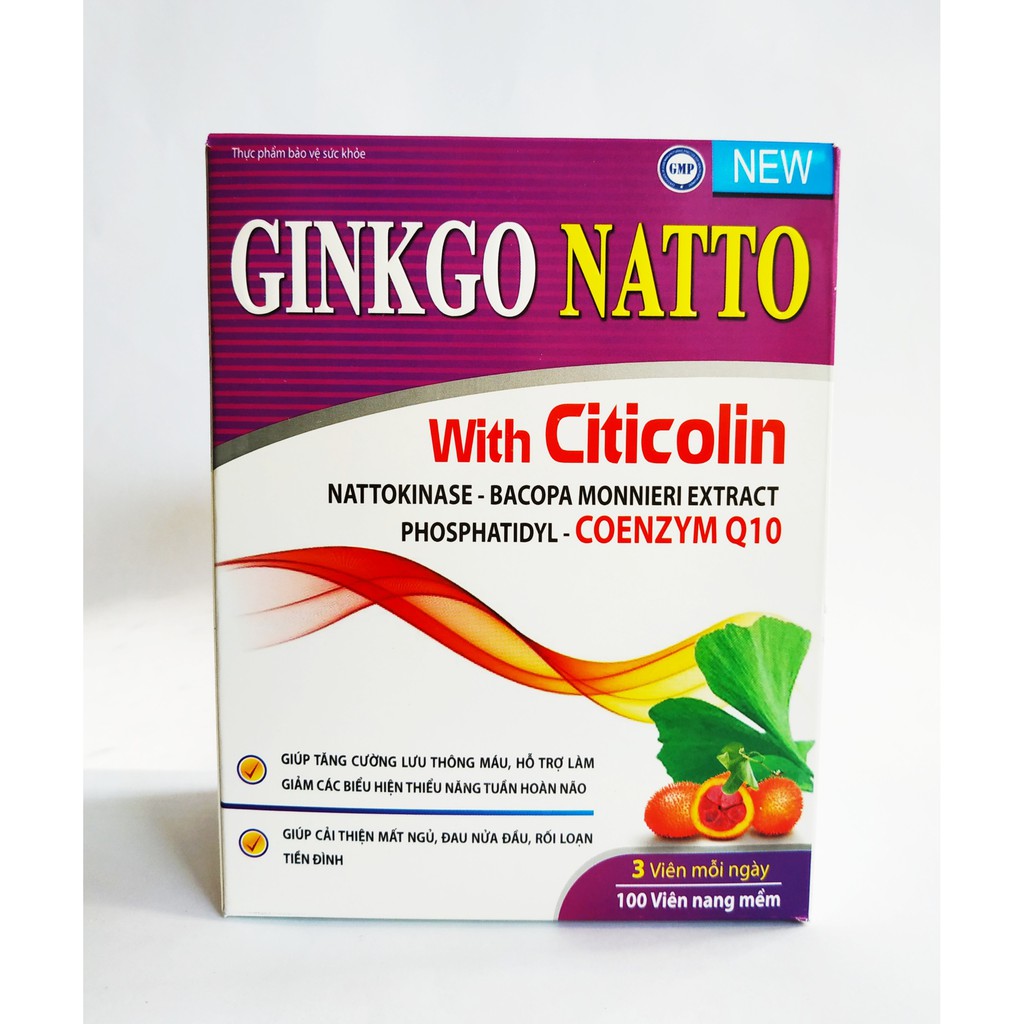 HOẠT HUYẾT DƯỠNG NÃO GINKGO NATTO WITH CITICLIN COENZYM Q10 - CẢI THIỆN MẤT NGỦ, ĐAU NỬA ĐẦU, RỐI LOẠN TIỀN ĐÌNH - 100V