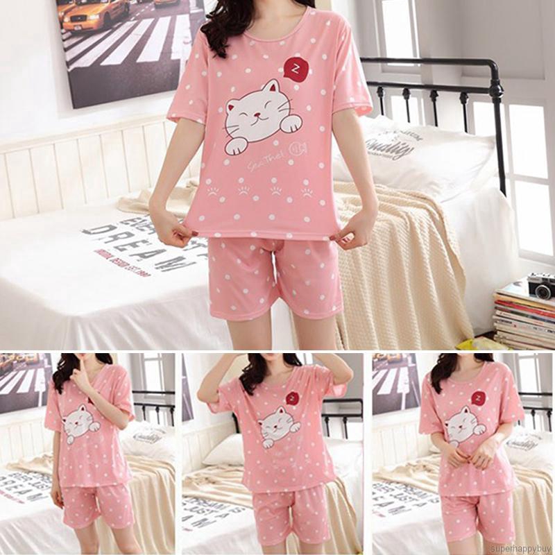Đồ bộ mặc nhà ngắn tay dáng rộng in hình hoạt hình dễ thương cho nữ