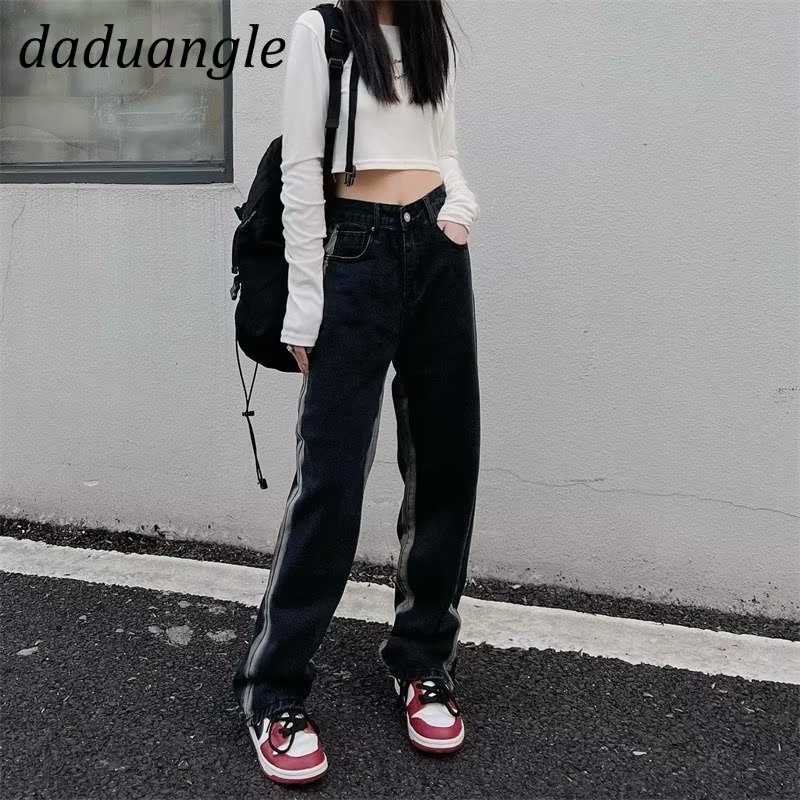 Quần jean Daduhey màu đen phối Gradient lưng cao ống rộng thời trang đường phố Mỹ cao cấp cho nữ