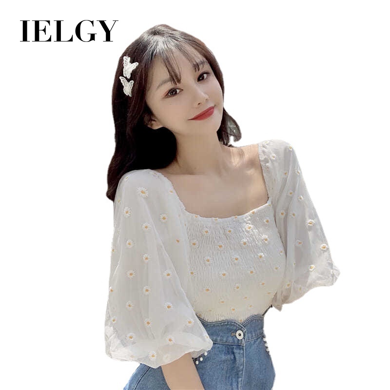 Áo sơ mi voan IELGY tay phồng ngắn in họa tiết hoa cúc thời trang cho nữ