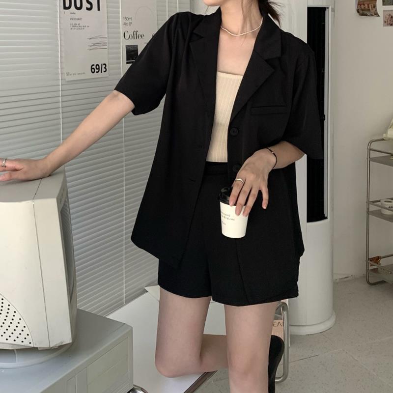 Summer 2021 New Style Short Sleeve Casual Suit Jacket Women + Loose High Waist Shorts Two Piece Suit / One Piece[delivery Within 3 Days ]