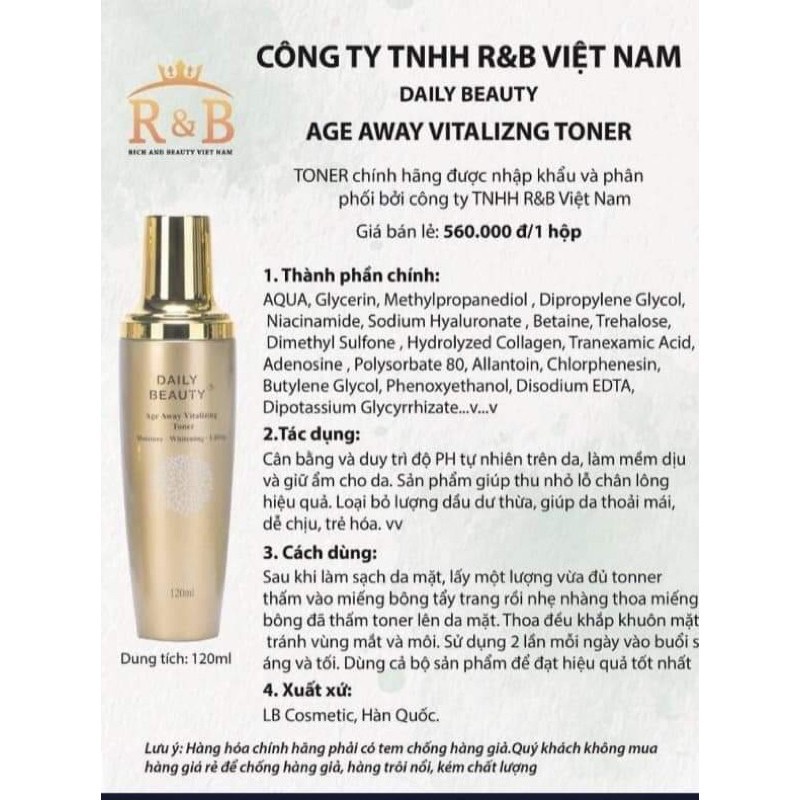 [ FREESHIP- HÀNG MỚI] Nước hoa hồng Daily Beauty Age Away Vitalizing Toner  120ml dưỡng ẩm và se khít lỗ chân lông