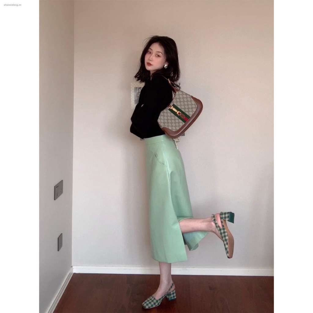 Đôi giày gót vừa dày mũi vuông họa tiết kẻ sọc màu xanh lá cổ điển thời trang xuân hè cho nữ 2022