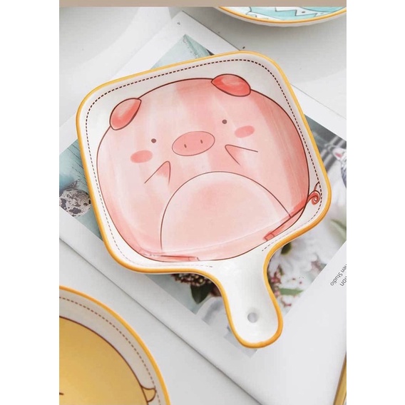 Lẻ Bộ bát đĩa sứ Mèo Lợn Voi Gà 3 món đĩa vuông tay cầm đĩa tròn bát con bát đĩa sứ ăn dặm