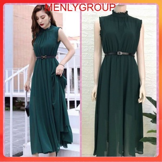 Đầm maxi xanh cổ trụ kèm nịt