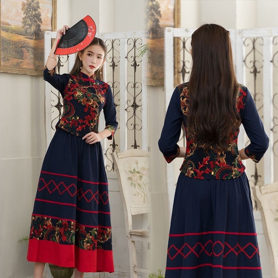 Set Đồ Món Gồm Áo Cotton Lanh In Họa Tiết Dân Tộc Cổ Điển Kích Thước Lớn Cho Nữ