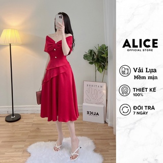 Đầm Trễ Vai Tiểu Thư 3 Tầng Dáng Xòe ALICE Thiết Kế Tà Chéo Đính Ngọc Chất Lụa Mềm Cao Cấp V772