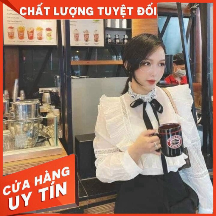 Áo sơ mi khuy ngọc cổ trụ pha ren cổ nơ - Hàng nhập khẩu