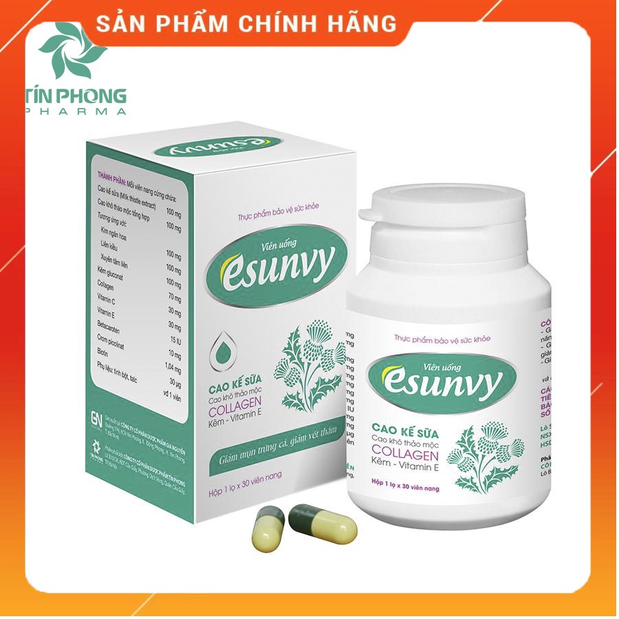 Viên Uống Esunvy Giúp Giảm Mụn Trứng Cá, Hạn Chế Vết Thâm, Điều Tiết Bã Nhờn, Thanh Nhiệt Giải Độc Hộp 30 Viên TTP006