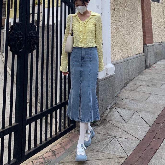Summer Korean version of the new ins high waist split fishtail denim skirt women