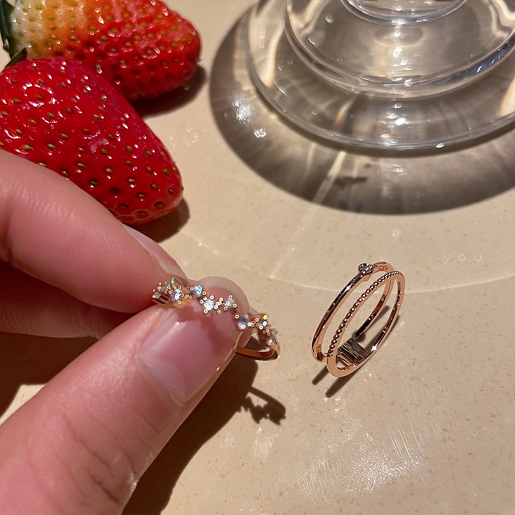 Nhẫn Đeo Tay Gợn Sóng Hai Lớp Đính Đá Zircon Màu Vàng Hồng Trắng Tinh Tế Thời Trang Độc Đáo