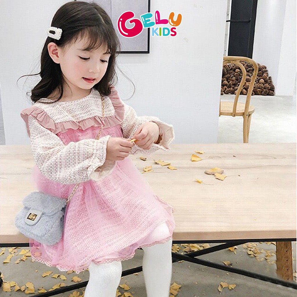 Váy dạ hồng lót lông mix voan GELU dáng babydoll dễ thương cho bé