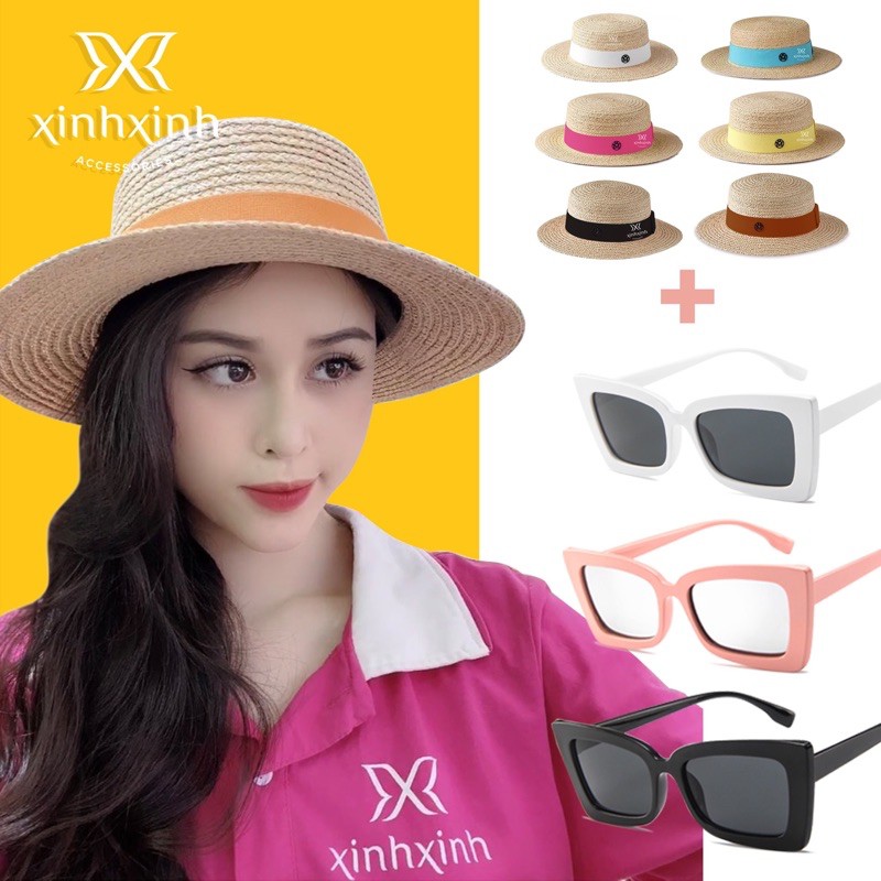 Mũ cói tự nhiên gaucho cao cấp ruy băng màu - Xinh Xinh Accessories