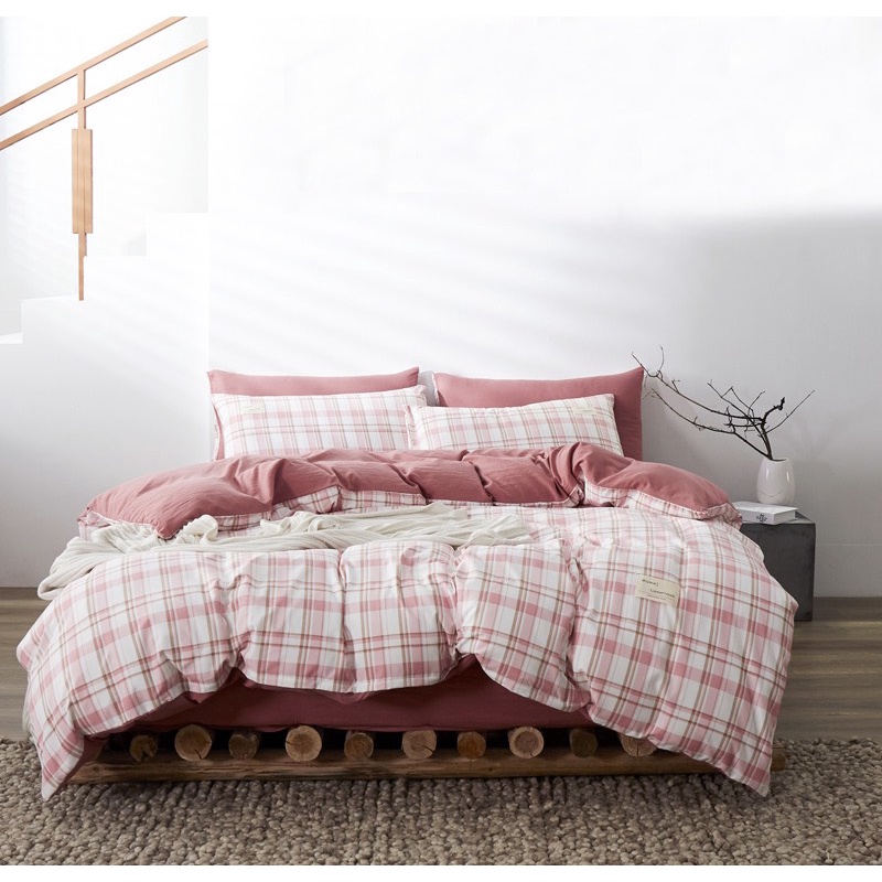Bộ chăn ga gối Cotton Tici kẻ hồng caro to HL Bedding chăn ga Hàn Quốc, vỏ chăn mền, drap giường và 2 vỏ gối